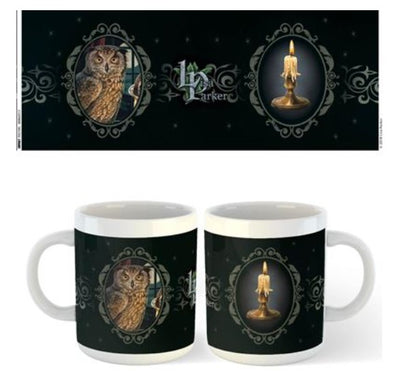 Two "Lisa Parker Mug - The Astrologer" mugs from Blue Dog Posters feature intricate designs. The left sides show a detailed owl illustration in an ornate frame, while the right sides depict a lit candle in a similar frame. Both dishwasher-safe designs are set against a dark background with elegant patterns.
