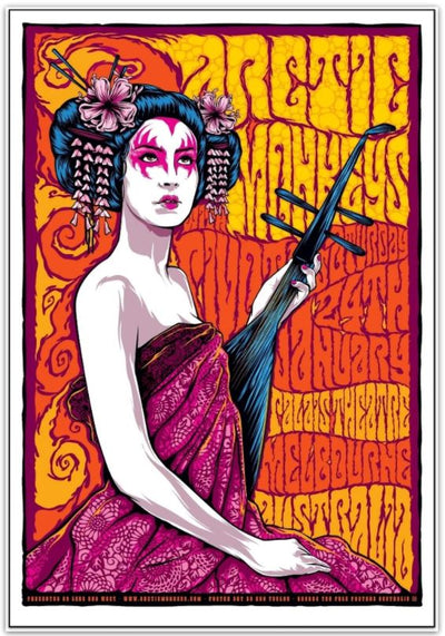A stylized poster features an Asian woman in traditional attire, holding a shamisen. She has pink makeup and floral hair ornaments. The vibrant background includes psychedelic text listing a music event with "Arctic Monkeys," dates, and locations in bold, swirling fonts. Part of the TAP Arctic Monkeys Geisha Limited Edition collection, it's available as a limited edition.