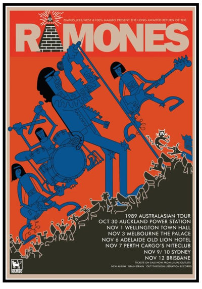 Illustrated poster for a Ramones tour with four cartoon band members playing instruments. Background features a stylized cityscape in red and blue with the Statue of Liberty holding a guitar. Tour dates and locations are listed on the bottom half of the Ramones 1989 Aus Tour by Mambo, part of our premium quality Matte Art Paper Tour Prints Collection by Blue Dog.