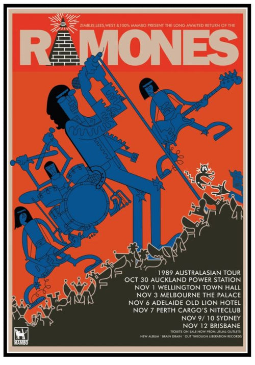 Illustrated poster for a Ramones tour with four cartoon band members playing instruments. Background features a stylized cityscape in red and blue with the Statue of Liberty holding a guitar. Tour dates and locations are listed on the bottom half of the Ramones 1989 Aus Tour by Mambo, part of our premium quality Matte Art Paper Tour Prints Collection by Blue Dog.