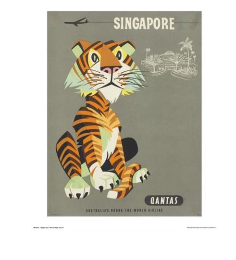A vintage travel poster for TAP promoting Qantas - Singapore Tiger, this captivating art print features a stylized tiger sitting with a confident expression against a backdrop of tropical illustrations. The text reads "Singapore" at the top and "Qantas, Australia's Round-the-World Airline" at the bottom. Perfect for lovers of vintage travel prints.