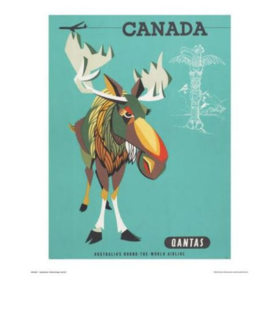 A vintage-style poster promoting TAP with "Canada" written at the top. It features an illustrated moose in the center. To the right, there is a totem pole and a small aircraft flying towards mountains in the background. This captivating Qantas - Canada Moose reads "Australia’s Round-the-world Airline" at the bottom.