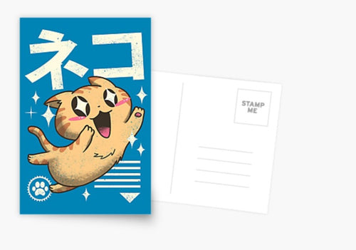 A vibrant postcard from the Blue Dog Posters' Kawaii Feline Postcard collection, showcasing an animated tan-colored cat with large, cheerful eyes and a pink blush, enthusiastically jumping against a blue background adorned with Japanese characters and decorative elements. The reverse side displays the typical postcard lines.