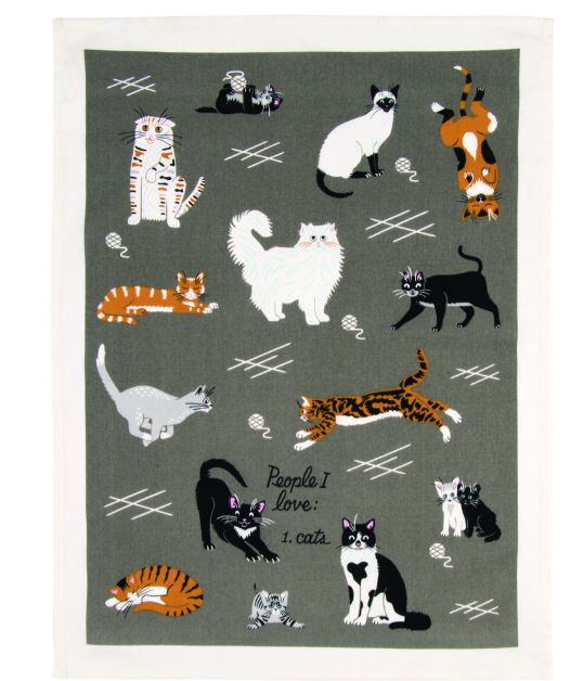 A high-quality cotton gray rectangular tea towel, the **People to Meet Cats Tea Towel**, by **Blue Dog Posters**, features various playful and resting cats of different breeds and colors scattered across its surface. The center text reads, "People I love: 1. cats." Small, stylized yarn balls are interspersed among the fade-resistant cats.