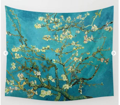 The Van Gogh Almond Blossom Art Textile Lge by Blue Dog Posters is a wall tapestry showcasing a detailed painting of almond tree branches featuring white and pink blossoms against a vibrant turquoise background. The branches twist and extend across the entire fabric, creating a dynamic and lively design perfect for use as an outdoor blanket.