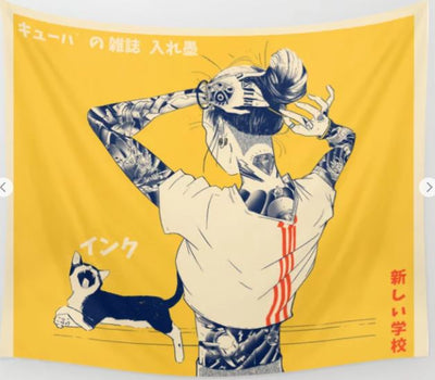 Illustrated image of a person with numerous tattoos wearing a casual shirt and adjusting a bun in their hair. A small black-and-white cat appears to be leaping in the lower left corner. The background, suitable for La Tinta Art Textile Sml, is yellow with Japanese text on the top and right side. Available from Blue Dog Posters.