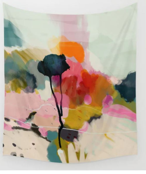 The Paysage Abstract Art Textile Lge by Blue Dog Posters is a vibrant, abstract artwork that features a captivating mix of colors including pink, orange, yellow, green, and blue. The fluid shapes and forms blend seamlessly together, highlighted by two thin black vertical lines prominently standing in the middle. This textile evokes a lively and dynamic feel.