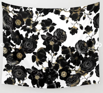 The Modern Elegant Art Textile Lge by Blue Dog Posters boasts a decorative tapestry with a white background featuring an intricate pattern of dark black and gold roses. These roses are clustered together, with leaves and stems intertwined, creating an elegant and dramatic floral design.