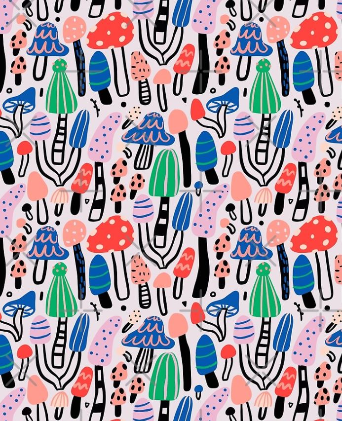 Part of our Homewares Collection, the Bold Cool Mushrooms Apron by Blue Dog Posters features a colorful pattern of abstract mushrooms illustrated with bold lines and vibrant colors, including red, green, blue, purple, and pink. The white background creates a striking contrast with the whimsical designs. A durable neck band is included for added convenience.
