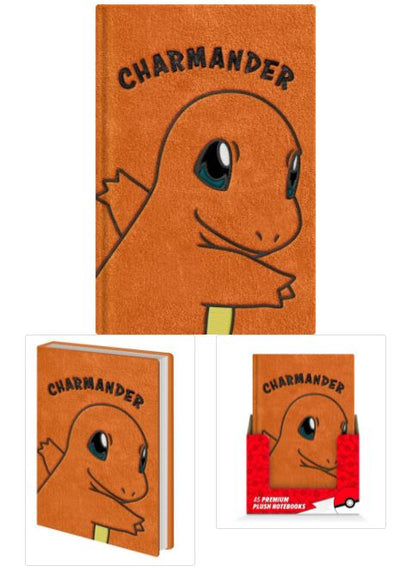 Top image: A luxurious A5 Premium Plush Notebook from Blue Dog Posters, featuring an illustration of Charmander, a beloved Pokémon, on the premium hardcover with "CHARMANDER" inscribed above. Bottom-left image: The notebook is shown closed, tilted slightly. Bottom-right image: The notebook is presented in a red-themed Pokémon box, making it an ideal stationery gift.