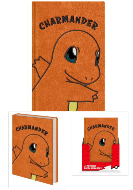Top image: A luxurious A5 Premium Plush Notebook from Blue Dog Posters, featuring an illustration of Charmander, a beloved Pokémon, on the premium hardcover with "CHARMANDER" inscribed above. Bottom-left image: The notebook is shown closed, tilted slightly. Bottom-right image: The notebook is presented in a red-themed Pokémon box, making it an ideal stationery gift.