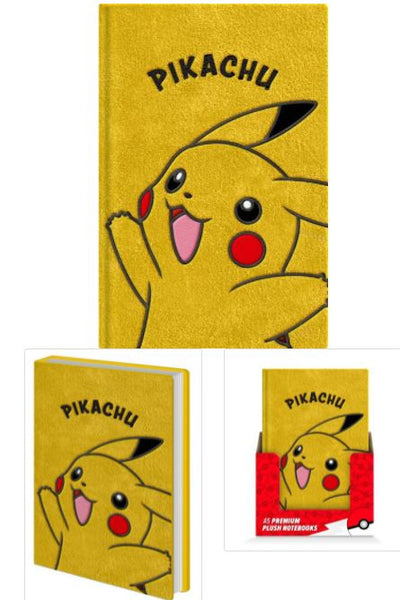 The image features an A5 Premium Plush Notebook - Pikachu from Blue Dog Posters. The top shows the front cover with Pikachu's joyful face and name. Below, the furry cover notebook is displayed at an angle, and next to it, the same Pikachu notebook is in a display box labeled "A5 PREMIUM PLUSH NOTEBOOKS.