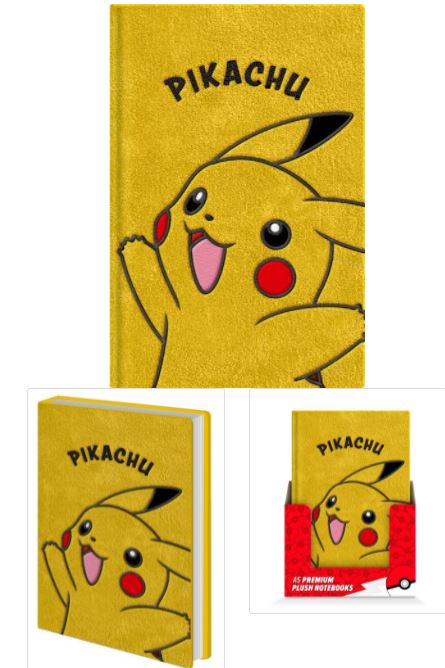 The image features an A5 Premium Plush Notebook - Pikachu from Blue Dog Posters. The top shows the front cover with Pikachu's joyful face and name. Below, the furry cover notebook is displayed at an angle, and next to it, the same Pikachu notebook is in a display box labeled "A5 PREMIUM PLUSH NOTEBOOKS.