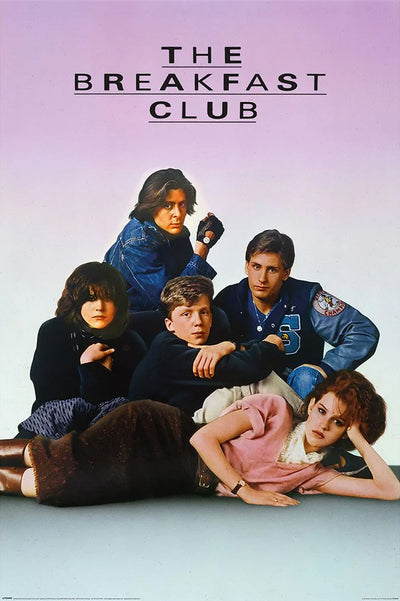 A movie poster for the cult classic "The Breakfast Club" features five teenagers posing together. One girl lies on her side in the foreground, with a boy sitting next to her. Behind them, two boys and another girl sit closely, all wearing casual 80s clothing against a pink gradient background. The high-quality printing on premium 150gsm gloss paper ensures every detail pops in The Breakfast Club - Key Art by MTV 200.