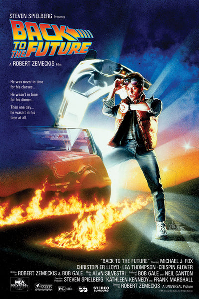 Movie poster for "Back to the Future." A young man in a red vest and jeans stands beside a DeLorean with its gull-wing door open. Fire trails lead from the car's tires. The title and credits, highlighting Steven Spielberg and Robert Zemeckis, adorn this hit movie poster, perfect for any Back to The Future MTV 236 Collection.