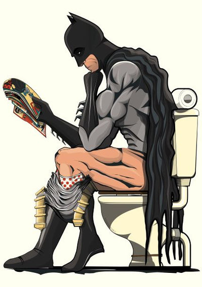 A muscular man in a black superhero costume with a cape and pointy ears is sitting on a toilet, reading comic books. His pants are around his knees, and the scene is depicted in a humorous, cartoonish style, much like something you'd find in the whimsical Little Art series. This amusing artwork is titled "Batman on the Toilet A5" by Wyatt9 and is offered by the brand fap.