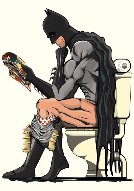 A muscular man in a black superhero costume with a cape and pointy ears is sitting on a toilet, reading comic books. His pants are around his knees, and the scene is depicted in a humorous, cartoonish style, much like something you'd find in the whimsical Little Art series. This amusing artwork is titled "Batman on the Toilet A5" by Wyatt9 and is offered by the brand fap.