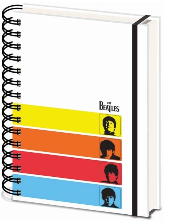 The Beatles A5 Notebook by Blue Dog Posters is a premium spiral-bound notebook showcasing The Beatles logo and stylized images of the band members in vibrant yellow, orange, red, and blue backgrounds on the cover. As part of our Stationery Gifts Collection, it also includes an elastic band to keep it securely closed.