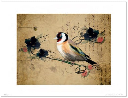 The "Bird Vintage" art print by MEZ 078 showcases a colorful bird with a red face, perched on a branch. The background offers a vintage, sepia-toned texture adorned with handwritten text and stylized black and blue flowers, which perfectly accentuate the bird’s vibrant colors.