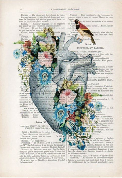 An anatomical heart illustration is overlaid on a vintage French text page from antique French books. The heart is adorned with vibrant blue and pink flowers and greenery, creating a contrast between the scientific drawing and the colorful, natural elements. A small bird perches on the right side in this unique print by ABP named "Antique Book print 15 x 21cm Blue Heart.