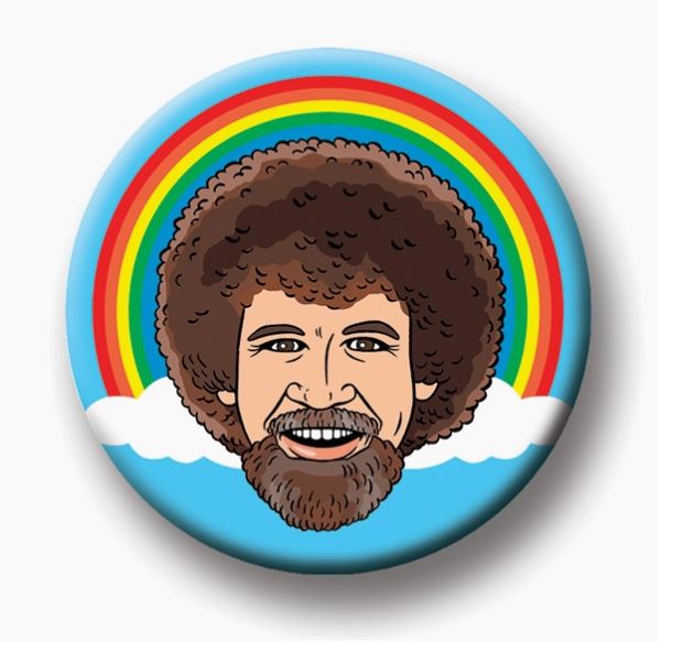 The Bob Ross Round Magnet from Blue Dog Posters showcases a circular illustration of a smiling man with curly hair and a beard, with a rainbow arching over white clouds behind his head, all set against a light blue background. Ideal for fridge magnets, this charming piece will surely delight house guests.