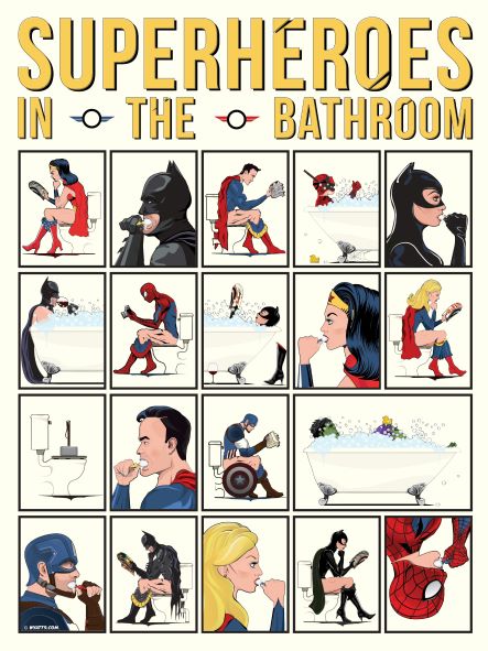 Super Heroes in the Bathroom by Wyatt9, part of GAL175's Featured Artists Collection, humorously depicts superheroes engaged in everyday bathroom routines like shaving and brushing teeth. Each scene is vividly portrayed on luxurious matte art paper, adding a unique touch to this comic-style print.