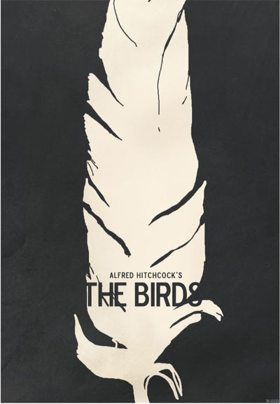 A classic film poster for "Alfred Hitchcock's The Birds" features a large white feather against a black background. Irregular shapes resembling birds in flight form the feather's outline. Printed on high-quality 250gsm Satin Paper, this A3 238 Movie Art - Birds centers the film's title and director’s name over the feather.