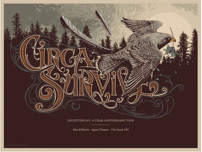Tour Poster for Circa Survive by Blue Dog Posters, celebrating the "On Letting Go 10 Year Anniversary Tour." The design includes intricate lettering, a bird in flight clutching a small figure, and silhouettes of trees in the background. The tour date and location are listed as "Mon 6 March - Agora Theatre - Cleveland, OH.