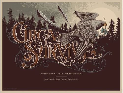 Tour Poster for Circa Survive by Blue Dog Posters, celebrating the "On Letting Go 10 Year Anniversary Tour." The design includes intricate lettering, a bird in flight clutching a small figure, and silhouettes of trees in the background. The tour date and location are listed as "Mon 6 March - Agora Theatre - Cleveland, OH.