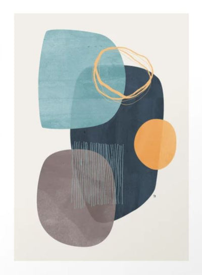 The "Cyra" Art Print by Tracie Andrews from Blue Dog Posters showcases overlapping geometric shapes in muted tones of blue, gray, and dark blue. An orange circle and a scribble accent adorn the upper right corner, while vertical lines decorate the central dark blue shape. This piece is printed on archival paper as part of our Gallery Series.