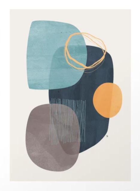 The "Cyra" Art Print by Tracie Andrews from Blue Dog Posters showcases overlapping geometric shapes in muted tones of blue, gray, and dark blue. An orange circle and a scribble accent adorn the upper right corner, while vertical lines decorate the central dark blue shape. This piece is printed on archival paper as part of our Gallery Series.