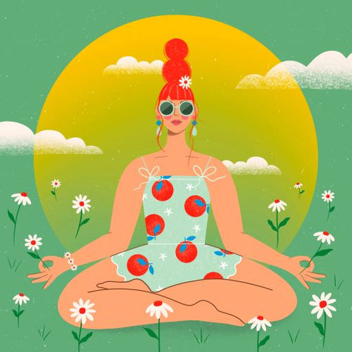 Illustration titled "Daisy Girl" by Kitty O Illustrates, depicts a woman meditating in a seated yoga pose on grass, surrounded by white daisies. She has red hair in a bun and wears sunglasses and a light blue dress with red circular patterns. A large yellow sun and fluffy clouds are in the background. Available as an art print on matte art paper, part of fap's Featured Artists Collection.
