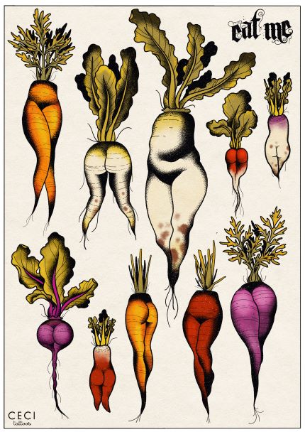 Illustration of various uniquely shaped root vegetables, including carrots, radishes, beets, and turnips, in vibrant colors. The caption "eat me" is written in the top right corner in decorative text. Part of the Featured Artists Collection by Blue Dog Posters, this art print titled "Dont Forget Your Roots" is credited to Ceci Tattoos in the bottom left corner.