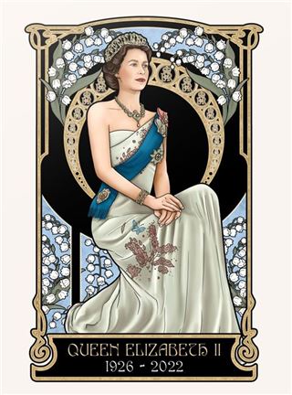 The "Art Nouveau Queen Elizabeth II" by Blue Dog Posters features a stunning portrait of Queen Elizabeth II dressed in a white gown adorned with floral designs and a blue sash. Seated gracefully, she wears a crown and elegant jewelry. The background showcases intricate floral patterns, with the text "Queen Elizabeth II 1926-2022" elegantly displayed at the bottom. Printed on premium quality matte art paper, this exquisite piece is ideal for Art Nouveau decor.