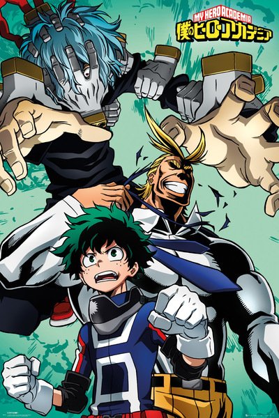 The MTV My Hero Academia - Collage Green poster features iconic characters from the anime, including a green-haired boy, a blond hero, and a blue-haired villain, making it a must-have for Japanese animation fans.