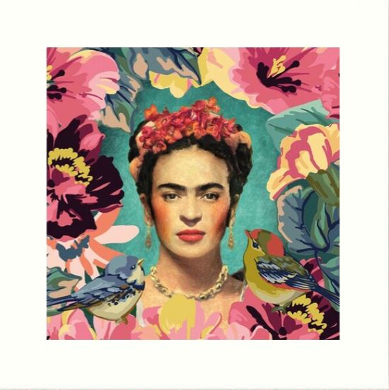 A stylized portrait of a woman adorned with flowers in her hair and set against a vibrant background of blooms is featured on the archival paper of the "Frida With Birds" Gallery Series Art Print by Blue Dog Posters. Two colorful birds are perched among the flowers at the bottom, showcasing rich hues of pinks, greens, yellows, and blues.