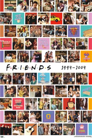The Friends Collage by MTV 346 features a vibrant array of scenes and iconic moments from the TV show "Friends," spanning from 1994 to 2004. At its center, it prominently displays the word "FRIENDS" with the years "1994–2004" underneath. This premium TV Show Poster, printed on high-quality 150gsm gloss paper, showcases surrounding images of the main characters in various settings.