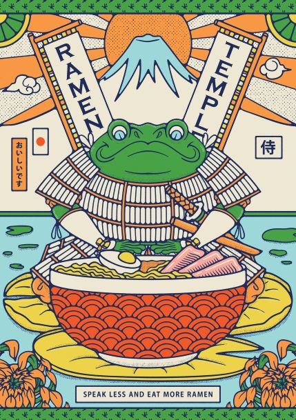 The Ramen Temple Frog A5 Print from the A5 brand showcases a green frog clad in samurai armor seated on a large bowl of ramen. The frog wields chopsticks while banners in the background proclaim "RAMEN TEMPLE." Surrounding it are Japanese elements such as cherry blossoms and Mount Fuji, with the phrase "SPEAK LESS AND EAT MORE RAMEN" displayed at the bottom.