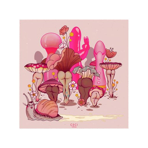 The Fun G art print by Ceci Tattoos from the GAL177 brand features an illustration of vibrant mushrooms in pink, red, and purple hues with delicate flowers and a striped-shell snail on a light pink background.