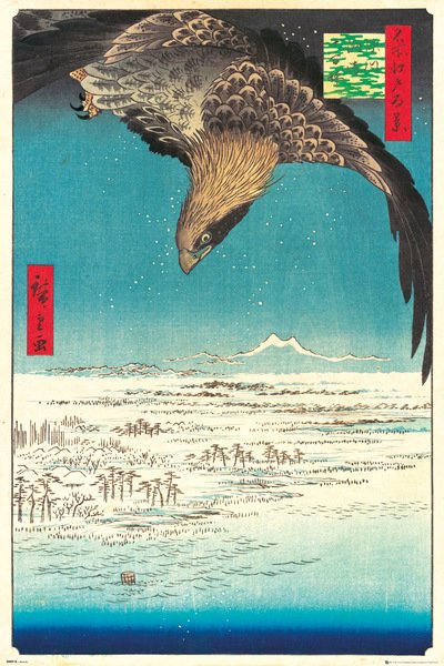 The "Jumantsubo Plain at Fukagawa - Hiroshige" by MEZ 013 showcases a traditional Japanese woodblock print featuring an eagle soaring over a serene, snow-covered landscape with distant mountains. The sky transitions beautifully from turquoise to deep blue, while snow delicately clings to the trees and ground below. Red Japanese text adorns the top corners, enhancing the beauty of this stunning Japanese Art Poster.