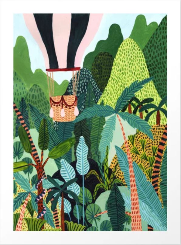 Air Balloon Explorer by Ambers Textiles for GAP features a vibrant jungle scene with lush green and patterned foliage. A hot air balloon with a tan wicker basket hovers above the dense tropical jungle, seamlessly blending into the surroundings. This colorful illustration is available as an Art Print on archival paper and is part of our Gallery Series.