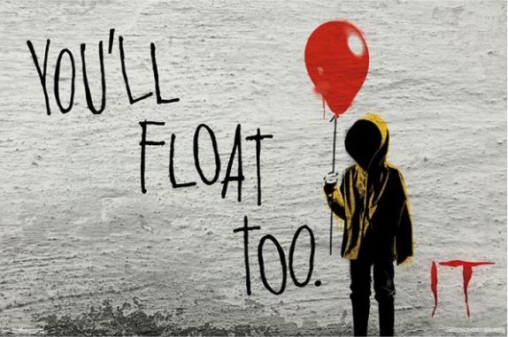 A child wearing a yellow raincoat stands against a brick wall, holding a red balloon. The text "You'll float too!" is written in black graffiti next to the child. The title "IT" is painted in red at the bottom right corner of this hit movie poster, IT - Float by MTV 336, printed on premium 150gsm gloss paper.