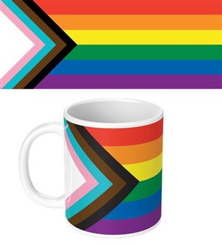 The Pride - Progress Flag Mug from Blue Dog Posters’ Homewares Collection features the Progress Pride flag design, incorporating traditional rainbow colors with additional black, brown, pink, blue, and white chevron stripes. Made with a high-quality ceramic finish, the mug also displays the flag separately in the upper part of the image.