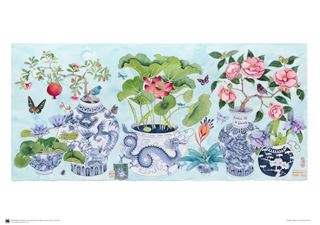 The art print "I Will Not Love You Long Time" by Gabby Malpas, from the brand MEZ, showcases ornate blue and white porcelain vases brimming with blooming flowers like lotus, roses, and pomegranate plants. Butterflies and birds surround the vases against a soft blue background, creating a charming decorative illustration.