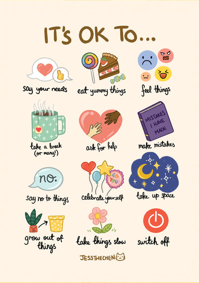 Introducing the "It's OK To...by Jess Chen" poster from Blue Dog Posters, an A3 print featuring kawaii-style illustrations for each listed action: saying your needs, eating yummy things, feeling things, taking a break, asking for help, making mistakes, saying no, celebrating yourself, taking up space, growing out of things, taking things slow and switching off. This digitally printed artwork showcases charming illustrations of hearts, food and calming symbols.