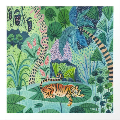 Jungle Tiger by Ambers Textiles, from GAL57's Gallery Series, features a stylized jungle scene with a tiger lounging on a leaf. Printed on archival paper, this vibrant artwork presents lush green plants and abstract patterns for a whimsical atmosphere.