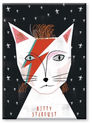Introducing the Kitty Stardust Magnet by Nia Gould from Blue Dog Posters. This striking magnet features an illustration of a cat with a white face and pink ears, set against a black background adorned with white stars. The cat sports a red and blue lightning bolt across its face, reminiscent of David Bowie's iconic Aladdin Sane album cover. It’s the perfect accessory to give your fridge a fun facelift that will definitely impress your house guests. The text below reads "Kitty Stardust.