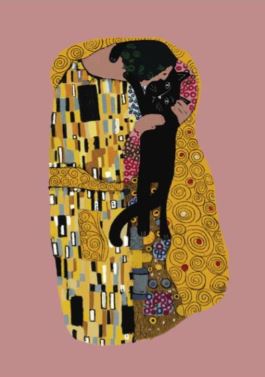 Illustration of a person with a cat. The person, draped in a geometric and floral yellow patterned robe, gently holds a black cat in their arms. The background is a solid muted pink color. This A3 Art Print titled "Gustav Klimt" by Nia Gould is part of the Featured Artists Collection from the brand fap, printed on ultra matt photo quality paper.