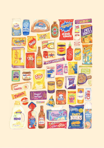Experience the vibrant illustration of diverse parody products in a grocery store style, featuring fictional brands and witty names for items like cereal, chips, drinks, and snacks. Titled "50 Up: Kweer Mart," this art print by Amy Blue from the brand fap is packed with bright, eye-catching designs on boxes, bags, and cans.