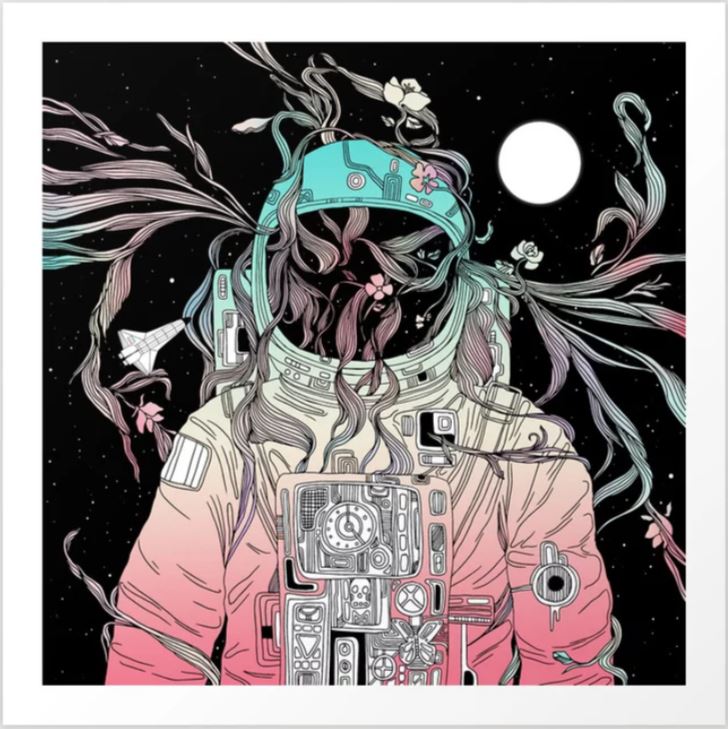 Introducing "Life is Invading My Space" by N Duenas, available from GAP. This captivating art print depicts an astronaut with long, flowing hair adorned with flowers, floating in space without a helmet. The background showcases a starry night sky with a full moon and a distant spaceship. Part of the Gallery Series, this artistic illustration is printed on high-quality archival paper for lasting elegance.